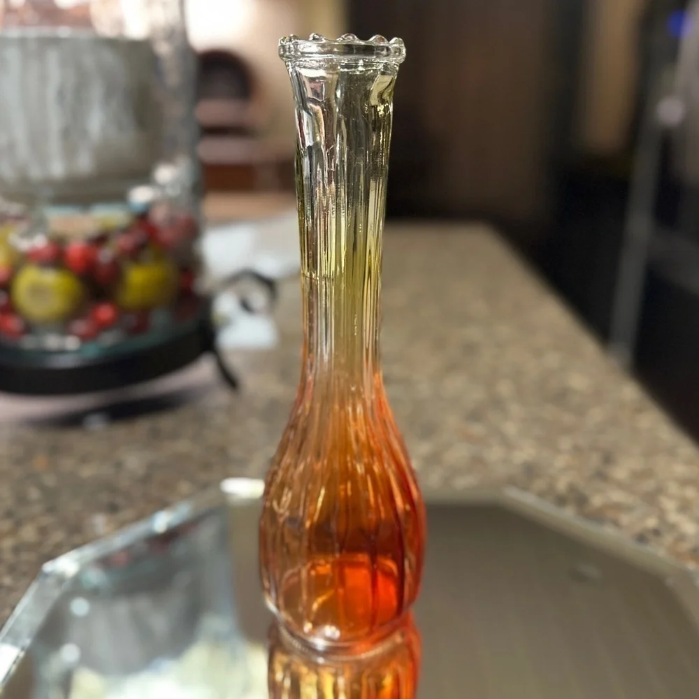 1950’S, JEANETTE GLASS, AMBERINA, STAR-FIRE ORANGE, RIBBED, BUD VASE.